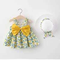 1030 Girls Dress Summer Children's Clothes Suspender Sweet Bow Floral Printed Tank Top Dress with Hat Consignment  Green