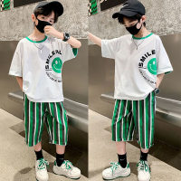 Boys striped smiley face summer suits for middle and large children summer clothes trendy children's short-sleeved shorts casual two-piece  Green