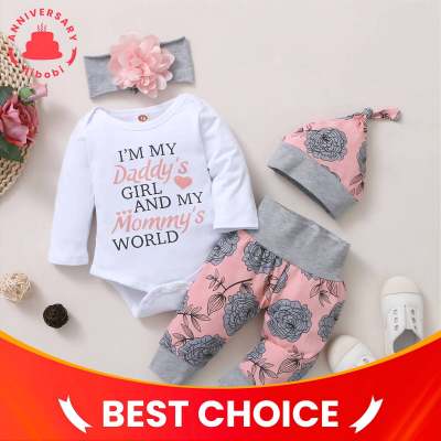 Baby Girl Letter Printed Romper & Floral Pants & Headband With Hat 4 Pcs
