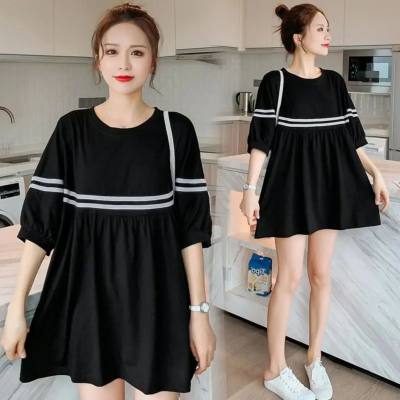Maternity clothes plus size women's summer mid-length loose belly-covering short-sleeved T-shirt dress