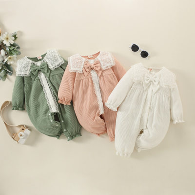 hibobi Baby Solid knitted Bow Lace Long-sleeved Long-leg Romper