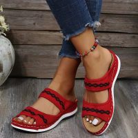 Sandalias tejidas voladoras informales con tacón de cuña y suela gruesa a la moda de verano para mujer  rojo