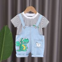 New style boy's round neck striped casual short-sleeved denim dinosaur overalls summer solid color baby outdoor suit  White
