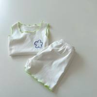 سترة صيفية للأطفال بدون أكمام تي شيرت شورت مكون من قطعتين ملابس منزلية رقيقة غير رسمية تناسب بيجامات الأطفال  أخضر