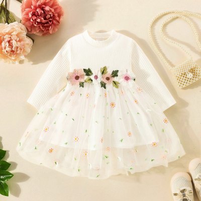 Baby Girl Solid Color Floral Embroidered Mesh Patchwork Long Sleeve Dress