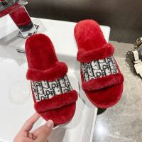 Warm fur flip flops for women, rabbit fur fashion flat open cotton slippers for home  Red