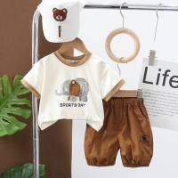 2024 summer new boys cartoon round neck short-sleeved suit baby boy casual shorts two-piece suit Maillard  Coffee