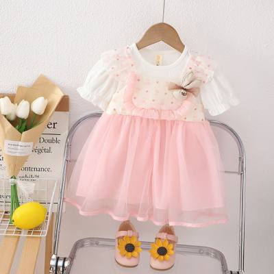 Summer dress for children, new style for girls, mesh stitching, round neck, thin short sleeves, small and medium-sized children's summer princess dress