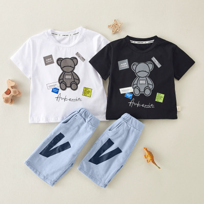 Toddler Boy Cotton Bear Patten Print Top & Letter Denim Shorts