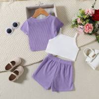 Children's girls' summer new waffle solid color shorts suit three-piece set  Purple