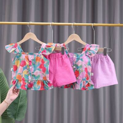 Girls summer sleeveless suit children's new style fashionable summer thin baby girl suspenders shorts two-piece suit