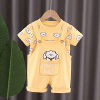 Girls summer short-sleeved suit new style baby full print lamb overalls girl baby summer two-piece suit  Yellow