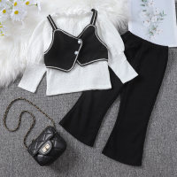 3-piece Toddler Girl Solid Color Top & Button Embellish Waistcoat & Solid Color Flare Pants  Black