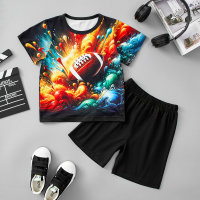 Toddler boy's Football 3D Print Short-sleeved T-shirt And Shorts Suit T-shirt Set  Black