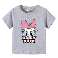 Camiseta de manga corta con dibujos animados de bebé para niños, de algodón puro, Daisy Duck, verano 2024, tops de nuevo estilo para niños y niñas pequeños y medianos  gris