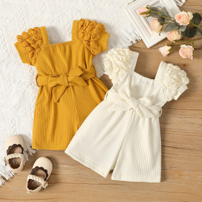 Cross-border ins infant girl summer style small square collar puff sleeve belt fashionable Korean version of one-piece shorts