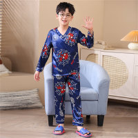 Pijamas de seda gelo para crianças, meninos, bebê, imitação de seda, roupas para casa, podem ser usados fora do terno  Azul marinho