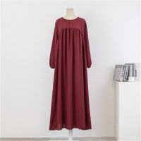Women's Loose Plus Size Long Sleeve Solid Color Pullover Robe Dress  Burgundy