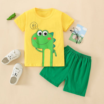 2-piece Toddler Boy Pure Cotton Dinosaur Printed Short Sleeve T-shirt & Solid Color Shorts