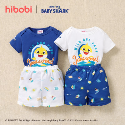 hibobi×BabyShark Baby Boy Estampado de dibujos animados Manga corta Algodón Dos piezas Top + Pantalones