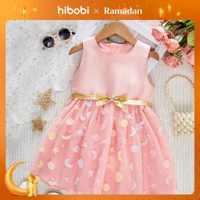 Toddler girl's pink three-dimensional star and moon satin sleeveless dress