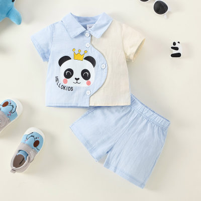 2-piece Baby Boy Pure Cotton Patchwork Panda Printed Short Sleeve Shirt & Solid Color Shorts