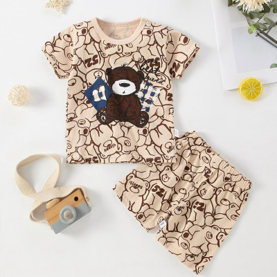 T-shirt a maniche corte con stampa orso in puro cotone da bambino in 2 pezzi e pantaloncini abbinati