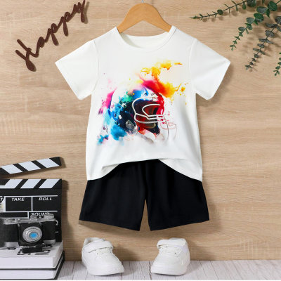 Toddler Boy's Football Rugby Cap Printed Short-sleeved T-shirt and Shorts set