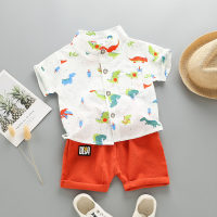 Baby Dinosaur Print Stand Collar Short Sleeve Top & Letter Applique Shorts  White