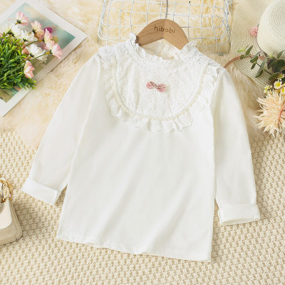 Kid Girl 100% Cotton Solid Color Ruffled Lace Patchwork Pearl Bowknot Decor Mock Neck Long Sleeve T-shirt