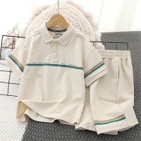 Children's short-sleeved T-shirt casual suit POLO shirt medium and large children's trendy shorts 2-piece set  Apricot