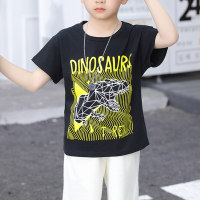 Kid Boy Pure Cotton Letter and Dinosaur Printed Short Sleeve T-shirt  Black