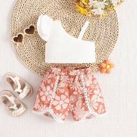 Summer new style girls casual small flying sleeves one-piece camisole printed shorts suit  Camel