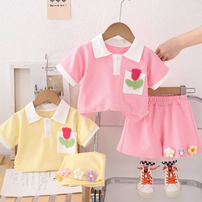 New summer style comfortable and fashionable embroidered tulip lapel short-sleeved suit for small and medium-sized children Girls summer suit