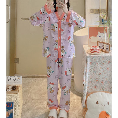 Ensemble de pyjama 2 pièces à motif imprimé en soie glacée Hello Kitty pour femme