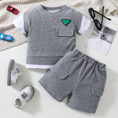 2-piece Toddler Boy Pure Cotton 2 in 1 Color-block Patchwork Short Sleeve T-shirt & Matching Shorts
