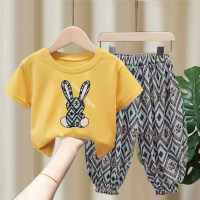 Children's suits for boys and girls, summer thin baby short-sleeved T-shirt tops, anti-mosquito pants, two-piece set, trendy sports children's clothing  Yellow