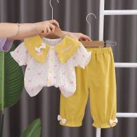 Novo estilo de verão para crianças pequenas e médias, confortável e moderno, terno de manga curta com estampa de bolinhas e laço para meninas no verão  Amarelo