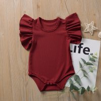 Baby one-piece romper with large lace sleeves for girls, romper with triangle cover  اللون العنابي