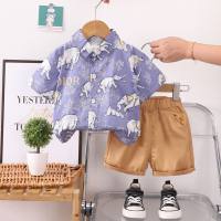 New summer style for small and medium children, comfortable and fashionable full-print elephant shirt short-sleeved suit, fashionable boy summer shirt suit  Purple