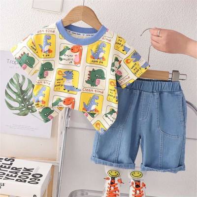 Summer new boys short-sleeved suit children's cartoon dinosaur T-shirt casual denim shorts children's fashion clothes