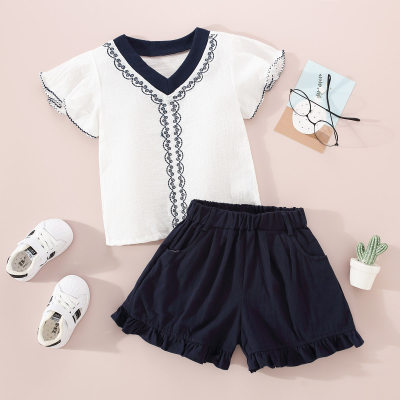 Toddler Girls Casual Solid Color Ruffle Sleeve T-shirt & Shorts