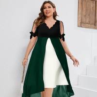 Spring and summer new large size women's V-neck splicing fake two-piece irregular sleeve dress  Deep Green