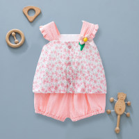 Baby Korean style floral wideband suit summer style casual clothes for baby girl thin suspender shorts newborn clothes  Pink