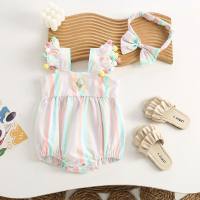 Newborn baby onesie, female baby's short-sleeved romper, summer rainbow striped fashionable outing clothing  Pink