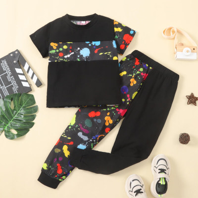 Boys Summer  Color-block Casual T-shirt & Trousers