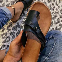 Women's summer outdoor slippers flat low heel retro toe clip-toe sandals  Black