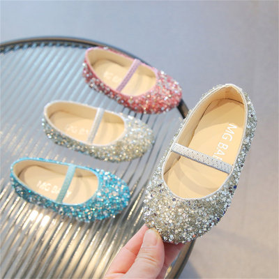 Zapatos de cristal con lentejuelas de pasarela, zapatos de princesa de suela suave a la moda con puntera para bebé