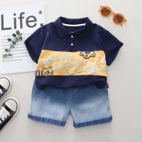 2024 summer new boys color matching POLO shirt short-sleeved suit baby boy casual denim shorts two-piece suit  Navy Blue