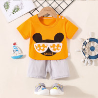 2-piece Toddler Boy Pure Cotton Cartoon Animal Printed Short Sleeve Polo Shirt & Solid Color Shorts  Orange